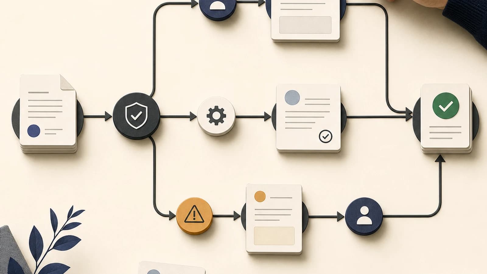 Un processus avec une voie simple, une alerte et deux reprises humaines avant validation