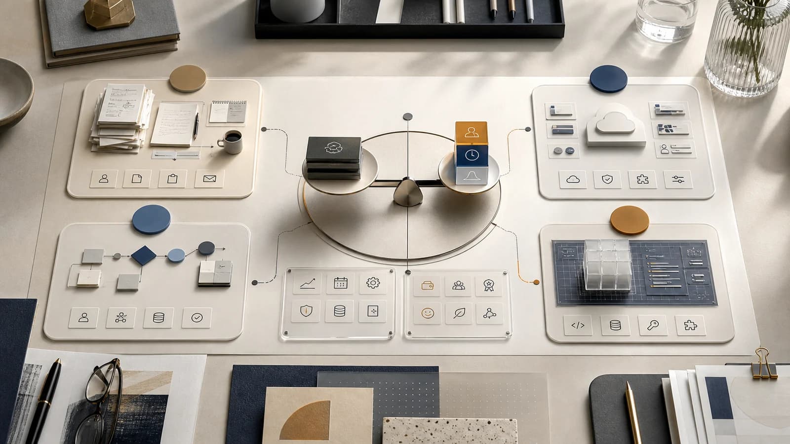 Une maquette de bureau place des documents, un calendrier, des contrôles et une application autour d’une balance centrale