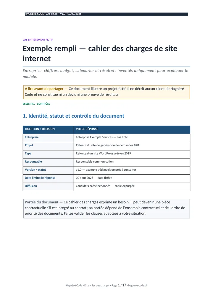 Aperçu de l'exemple fictif de cahier des charges de site rempli
