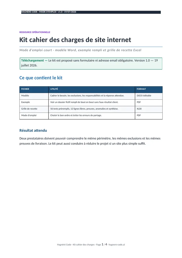 Première page du mode d'emploi du kit cahier des charges