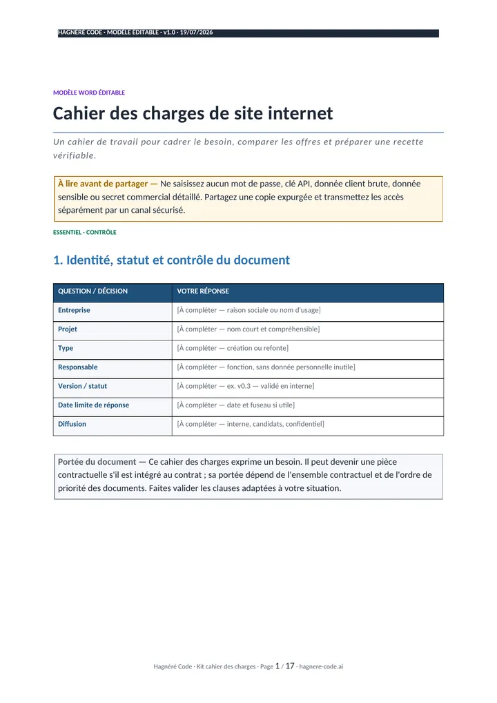 Aperçu du modèle Word du cahier des charges de site internet