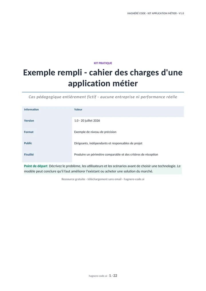 Aperçu de l'exemple fictif de cahier des charges d'une application métier
