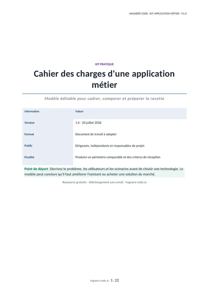 Aperçu du modèle Word du cahier des charges d'une application métier